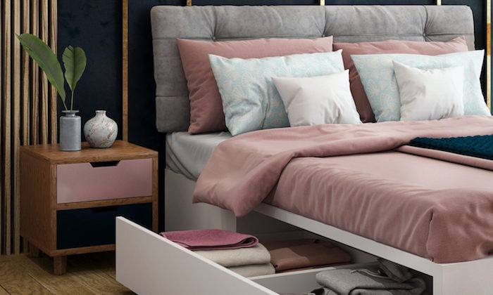 Schlafzimmer Ideen für kleine Räume, Bett mit integriertem Schrank, altrosa Bettwäsche 