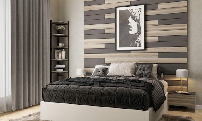 Schlafzimmer Einrichtung in Schwarz und Weiß, Holzwand und Eckregal 