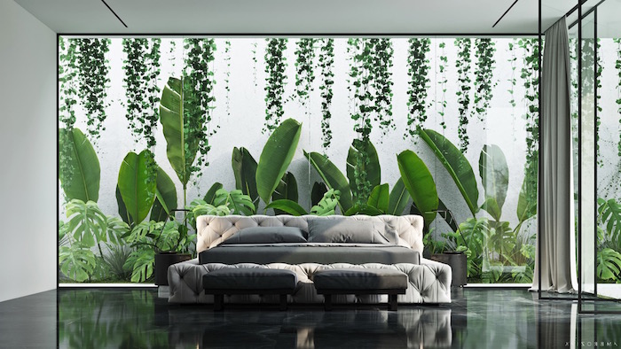 Schlafzimmer gestalten minimalistisch, Wandgestaltung mit Dschungel Motiv 