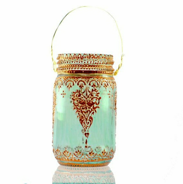 Einweckglas-Laterne-Marokko-Stil-türkisblau-goldener-Henna-Muster