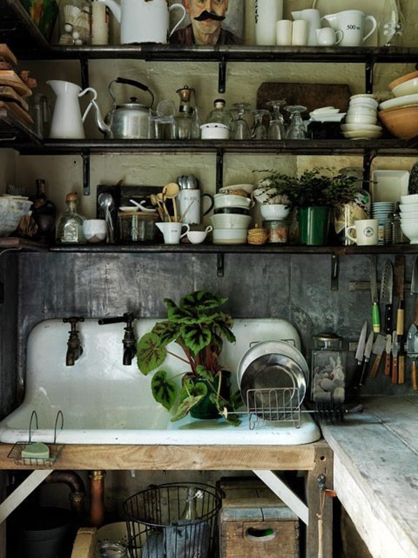 Landhausstil-Küche-Waschbecken-Pflanzen-Geschirr