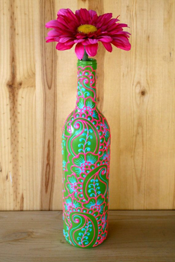 Weinflasche-Vase-Henna-Grün-Blau-Rosa-Blume