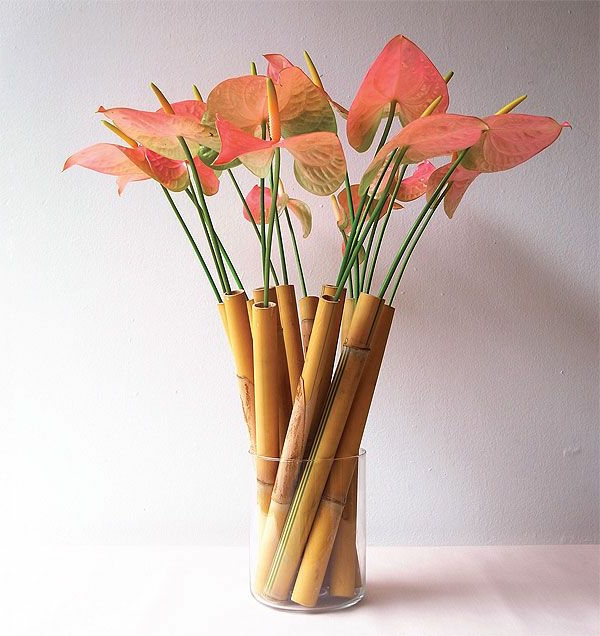 bambus-vase-schöne-blumen-in-pfirsich-farbe