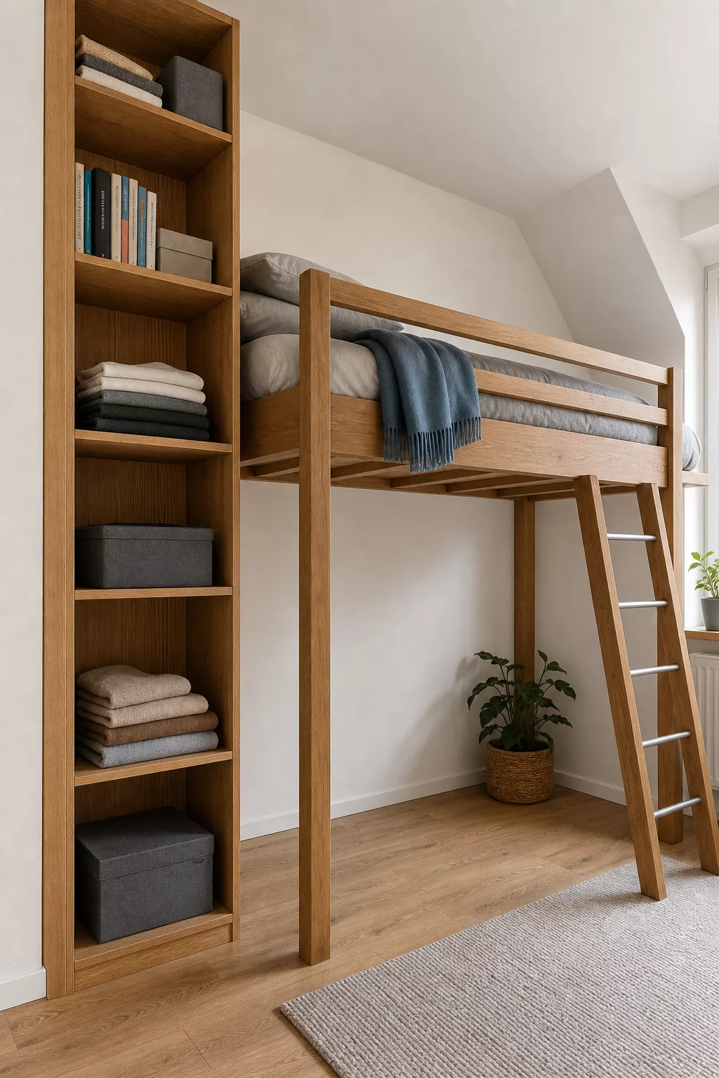 Deckenhohes Wandregal und Hochbett für Erwachsene in kleinem Schlafzimmer