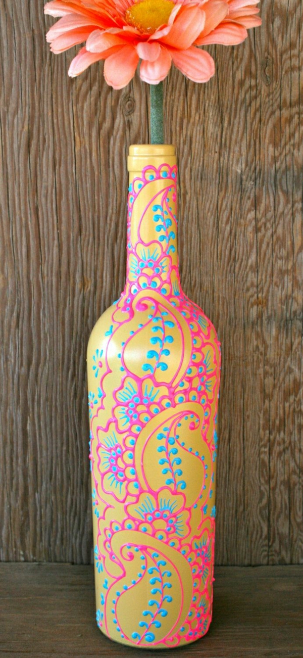 dekorative-Weinflasche-Vase-Blume-Henna-Golden-Blau-Rosa
