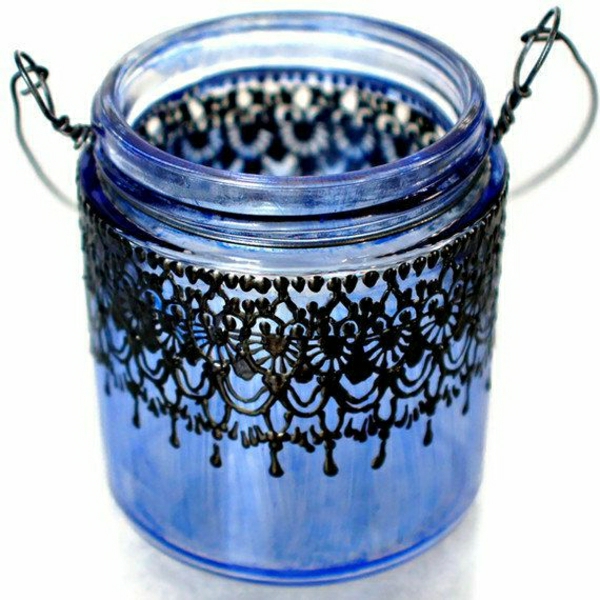 kleiner-hängender-Kerzenhalter-marokkanisch-Blau-schwarze-Spitze-Henna