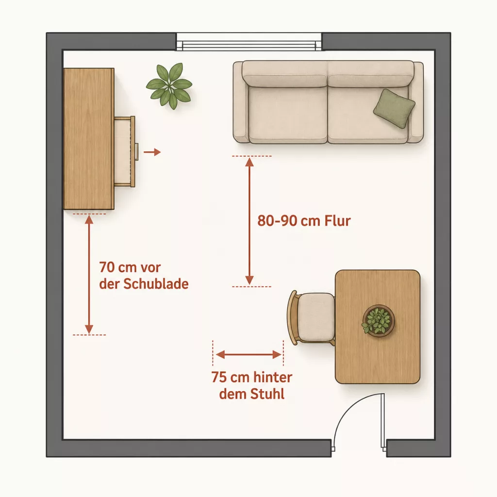 Infografik zu Laufwegen und Mindestabständen in kleiner Wohnung
