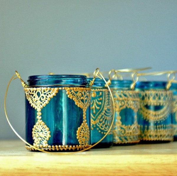 marokkanische-hängender-Einweckglas-Kerzenhalter-Blau-goldener-Henna-Muster