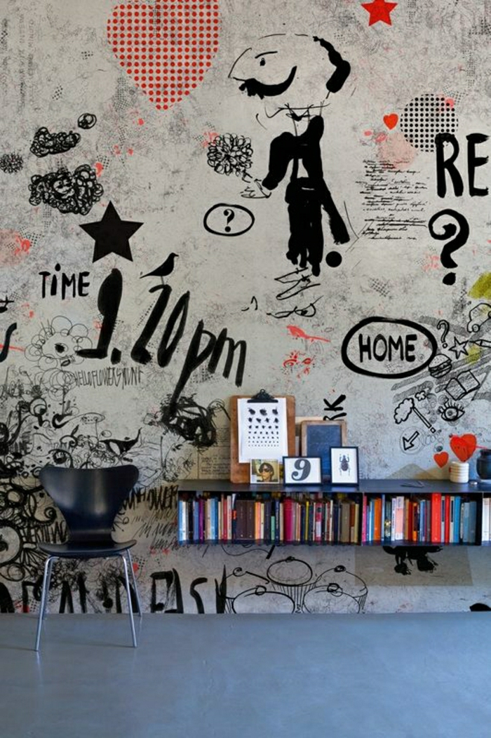 moderne-Tapeten-avantgarde-Wand-Dekoration-Stuhl-Bücherregal