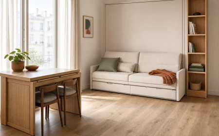 Kleines helles Wohnzimmer mit platzsparenden Möbeln und viel Stauraum