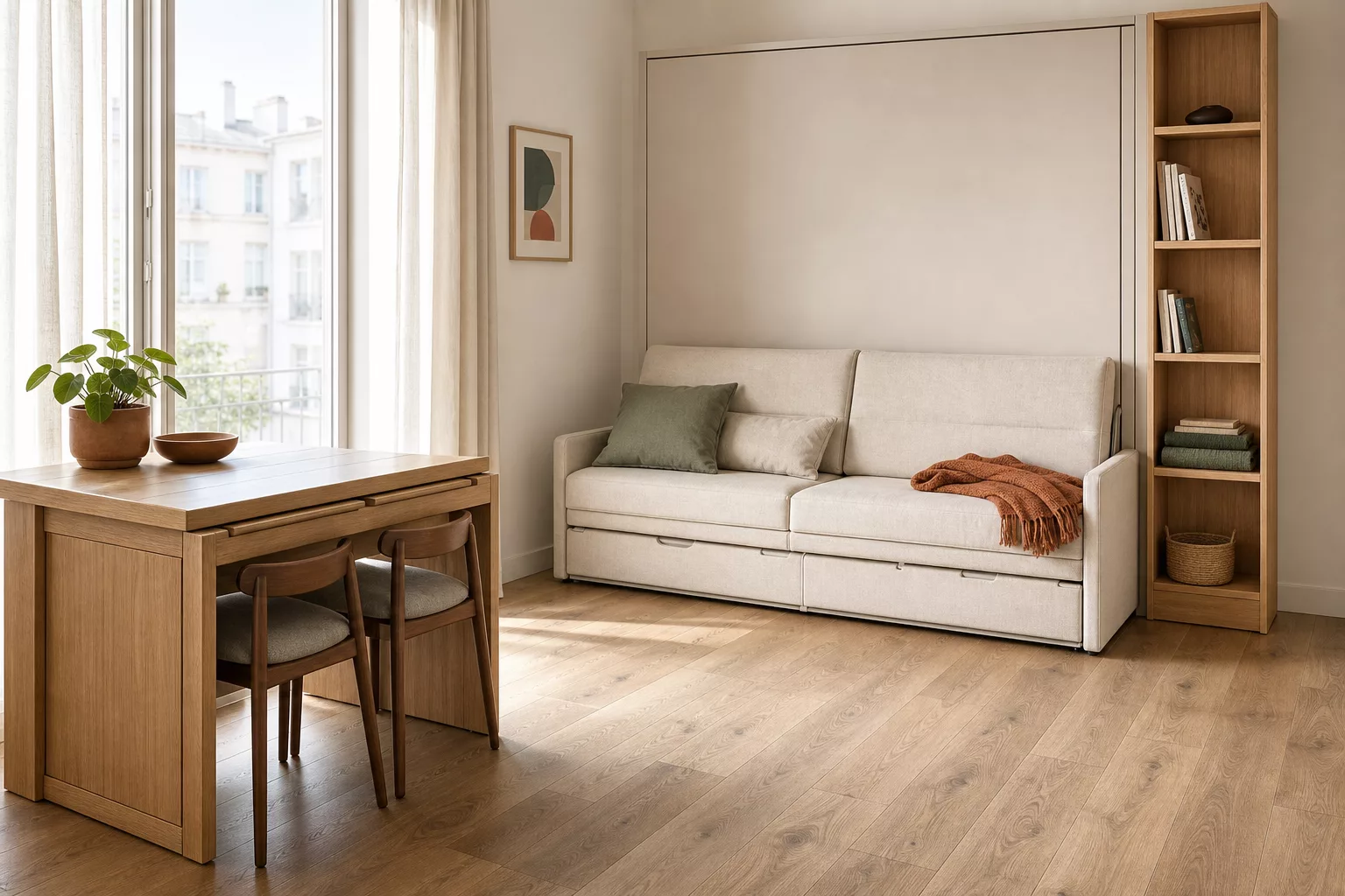 Kleines helles Wohnzimmer mit platzsparenden Möbeln und viel Stauraum