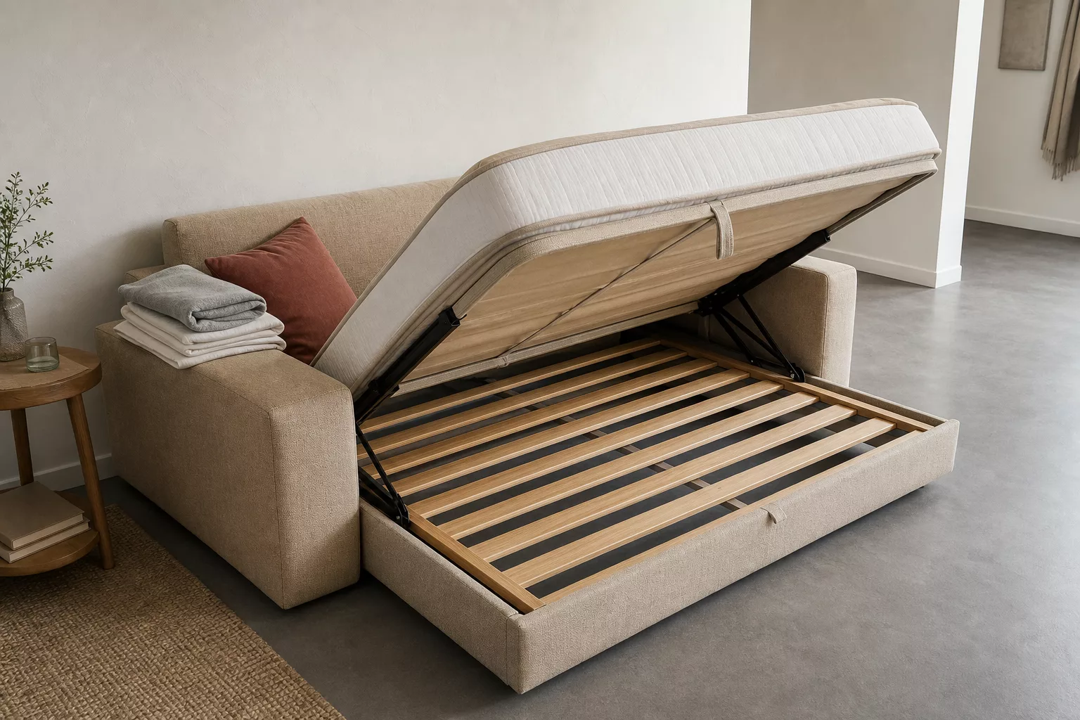 Ausklappbares Schlafsofa mit sichtbarem Lattenrost im kleinen Wohnzimmer