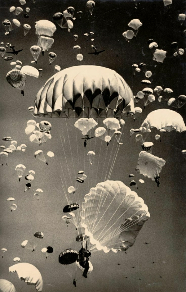 viele-Fallschirme-Medusen-schwarz-weiß-Foto