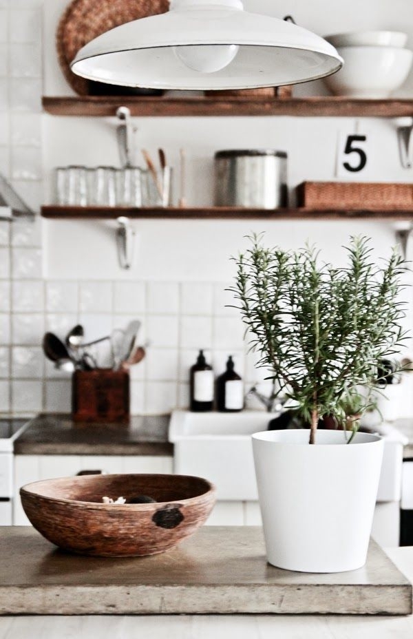 weiße-Landhausküche-natural-Holz-Geschirr-Regale-Blumentopf
