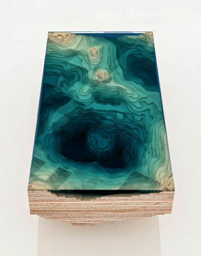 Kaffee-Tisch-originelles-Design-Holz-Glas-Schichte-3D-geologische-Karte-Ozean