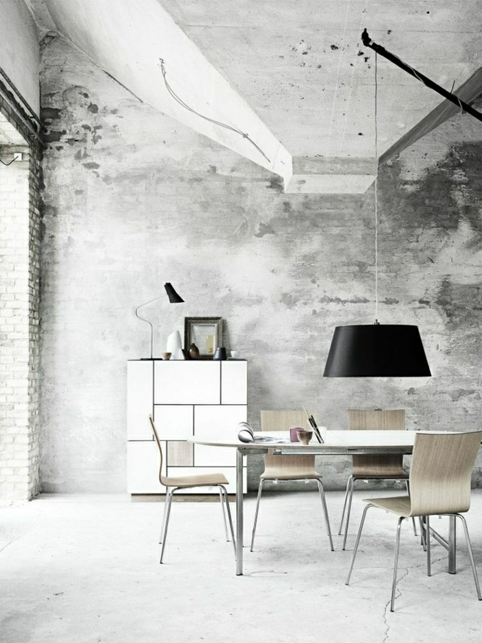Esszimmer-grau-skandinavisches-Interieur-minimalistisch-industriell-Ziegelwände