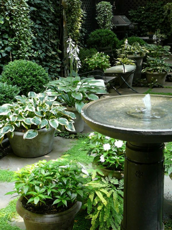 Garten-Pflanzen-Töpfe-Wasserbrunnen