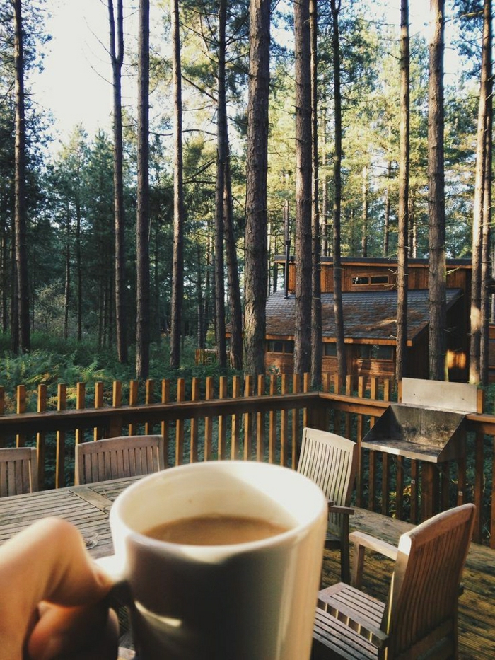 Gebirge-Wald-Hütten-Häuser-Veranda-Morgen-Kaffee