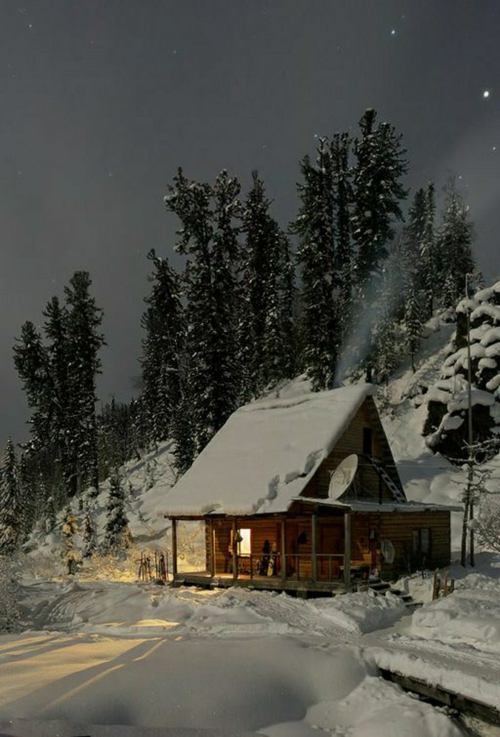 Hütte-Blockhaus-Gebirge-Schnee-Bäume-Nacht