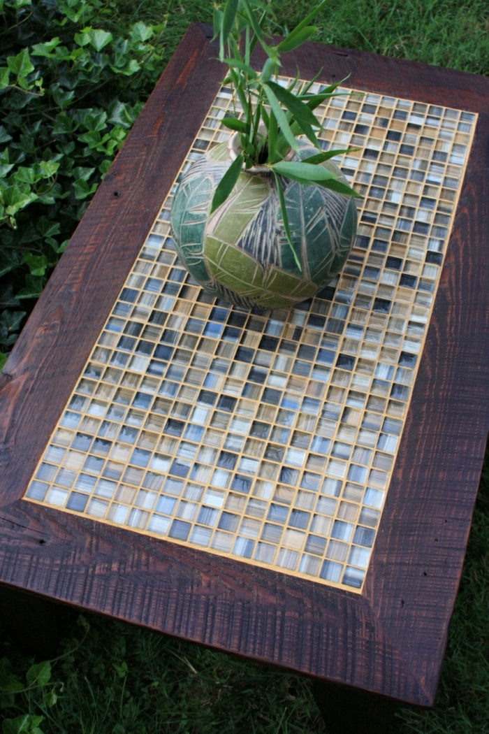 Kaffee-Tisch-Holz-Mosaik-Dekoration-Blumentopf