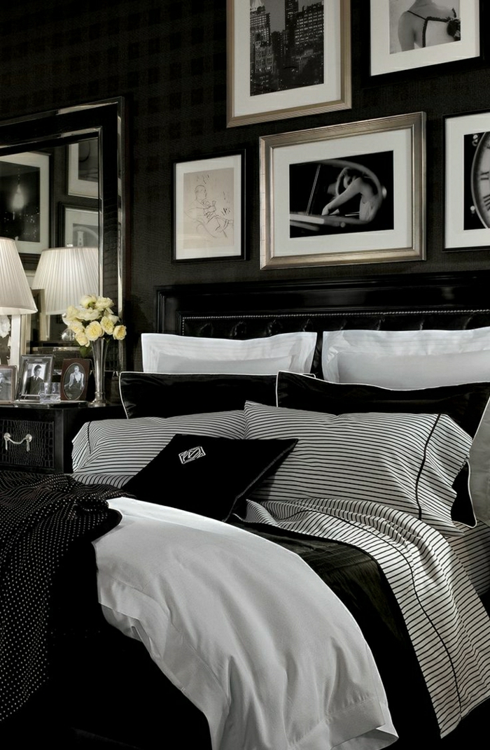 Luxus-Schlafzimmer-Bilder-schwarz-weiß-Bettwäsche-Streifen-Polka-Dots