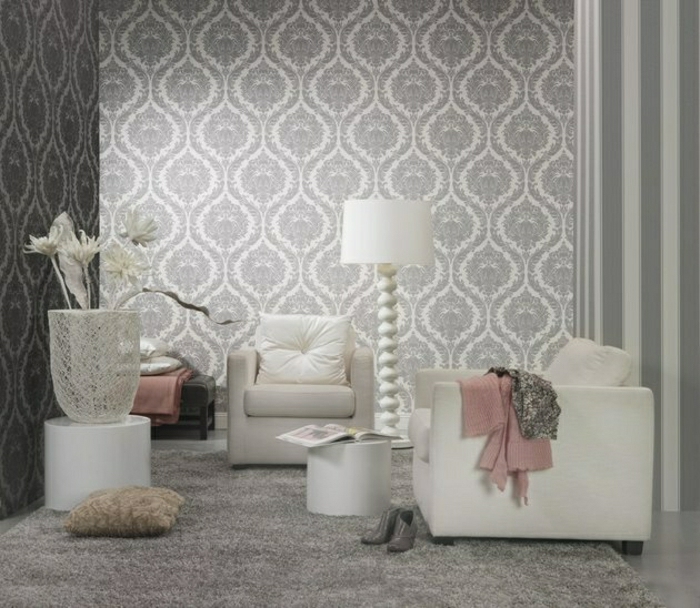 Luxus-Tapete-Barock-Muster-silber-weiß-3D-Effekt