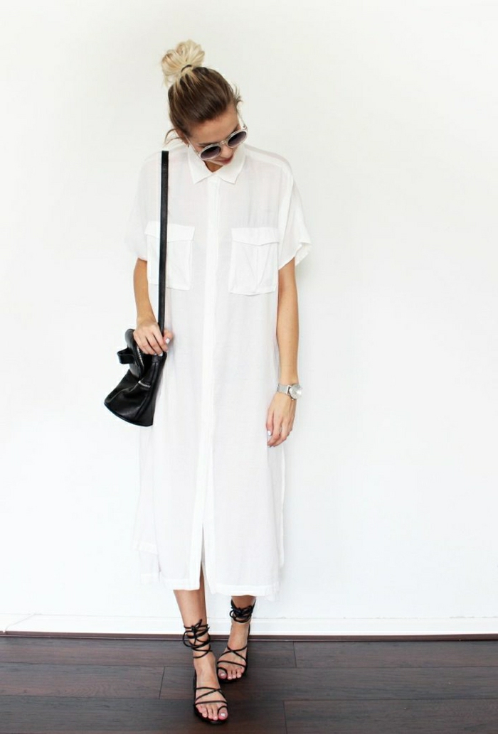 Maxi-Kleid-weiß-Hemd-Sonnenbrille-Sommerkleidung