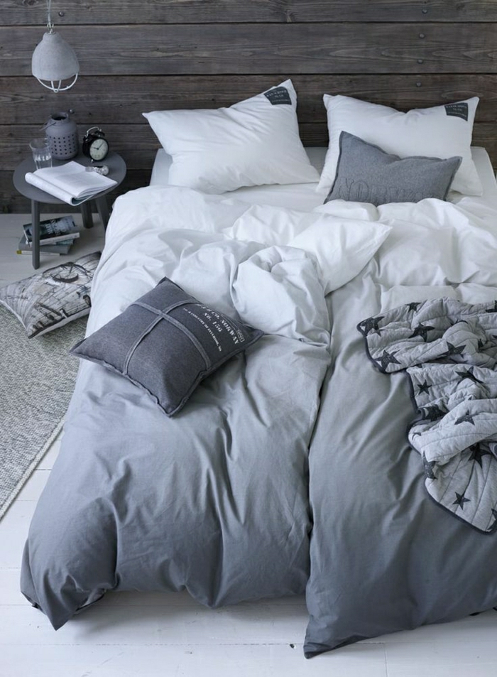 Schlafzimmer-industrielles-Design-Bettwäsche-Ombre-Effekt-grau-Sterne-Dekoration