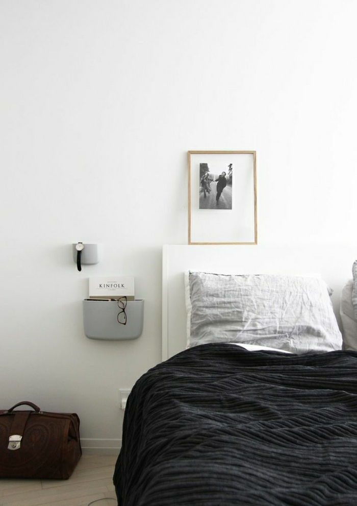 Schlafzimmer-minimalistisch-skandinavisches-Interieur-weiß-grau-schwarz