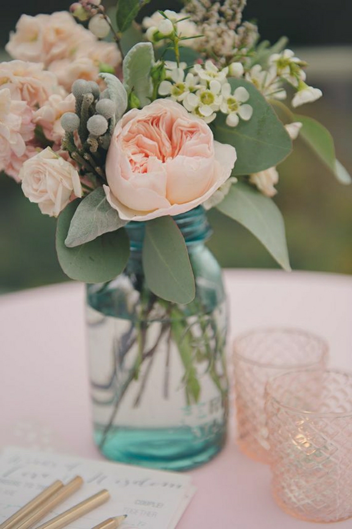 Tisch-Dekoration-Blumen-Einweckglas-Gläser-Kerzen