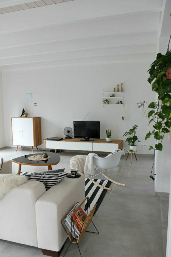 Wohnzimmer-skandinavisches-Interieur-weiß-Sofa-Sessel-Pflanzen-Fernseher