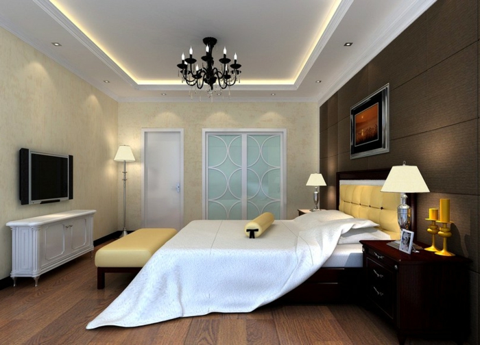 deckenbeleuchtung-für-schlafzimmer-elegante-weiße-bettwäsche