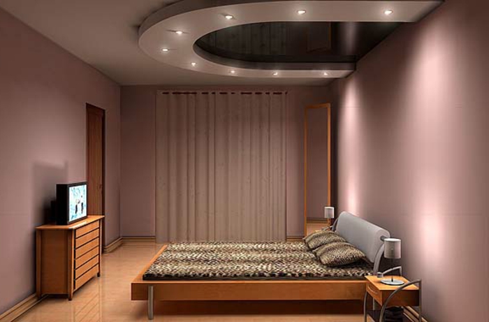 deckenbeleuchtung-für-schlafzimmer-lila-wände-und-modernes-bett-design