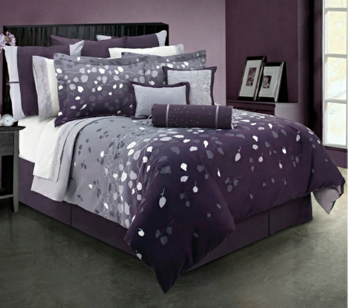 elegantes-Schlafzimmer-Bettwäsche-lila-grau