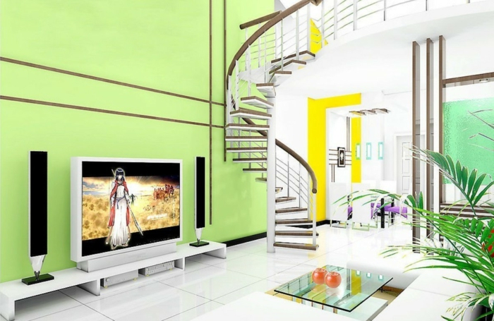 grüne-wandfarbe-in-einem-modernen-wohnzimmer-spiraltreppen