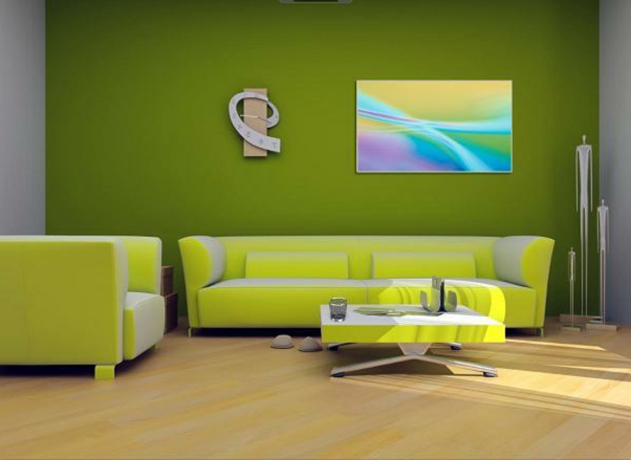 grüne-wandfarbe-schicke-sofas-und-bild-an-der-wand-im-wohnzimmer