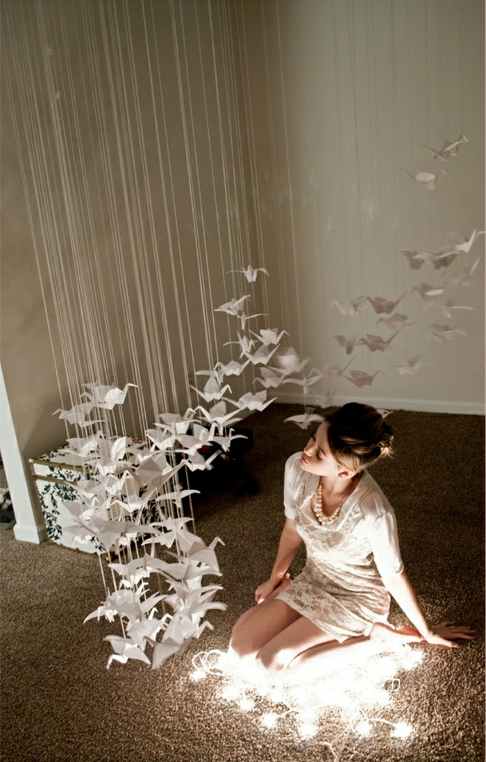 hängende-Zimmer-Dekoration-weiße-Origami-Kraniche-Leuchten