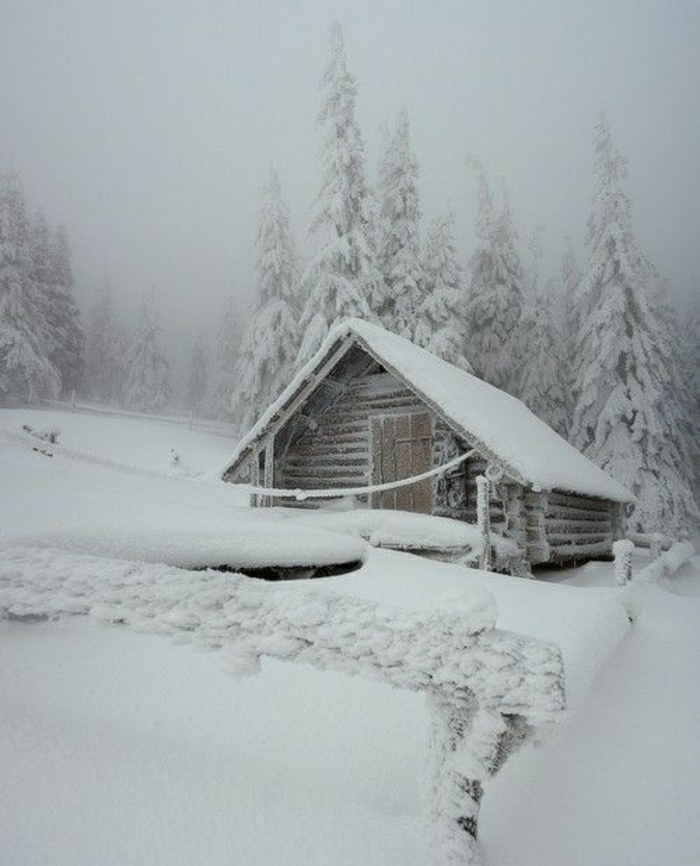 kleine-Hütte-Schnee-bedeckt-Gebirge-Bäume
