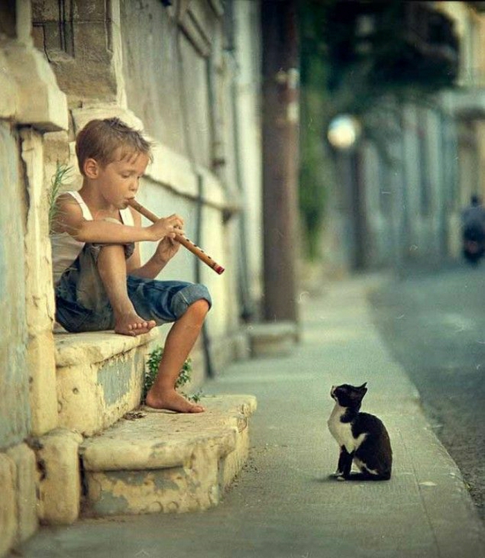 kleiner-Junge-Flüte-spielen-Katze-Straße