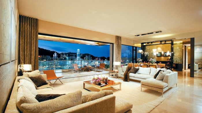 luxus-wohnzimmer-cooles-modell-gläserne-wände