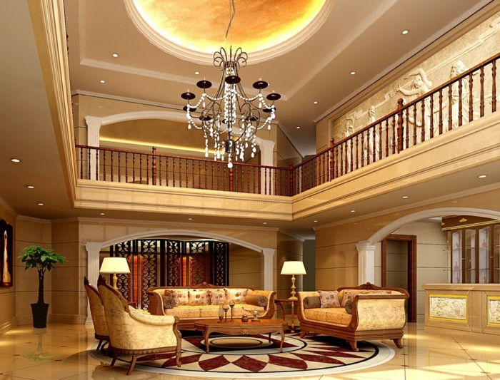 luxus-wohnzimmer-hohe-zimmerdecke-balkon-attraktive-möbel