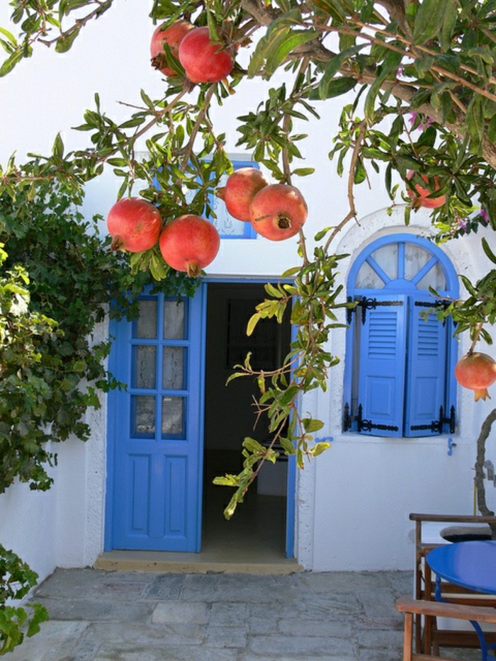 mediterrane-Gartengestaltung-Granatapfelbaum-blaue-Fensterläden