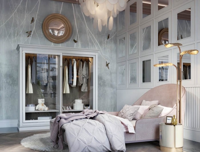 moderne luxus jugendzimmer beleuchtung pinkes bett moderne möbel graue wand großer kleiderschrank