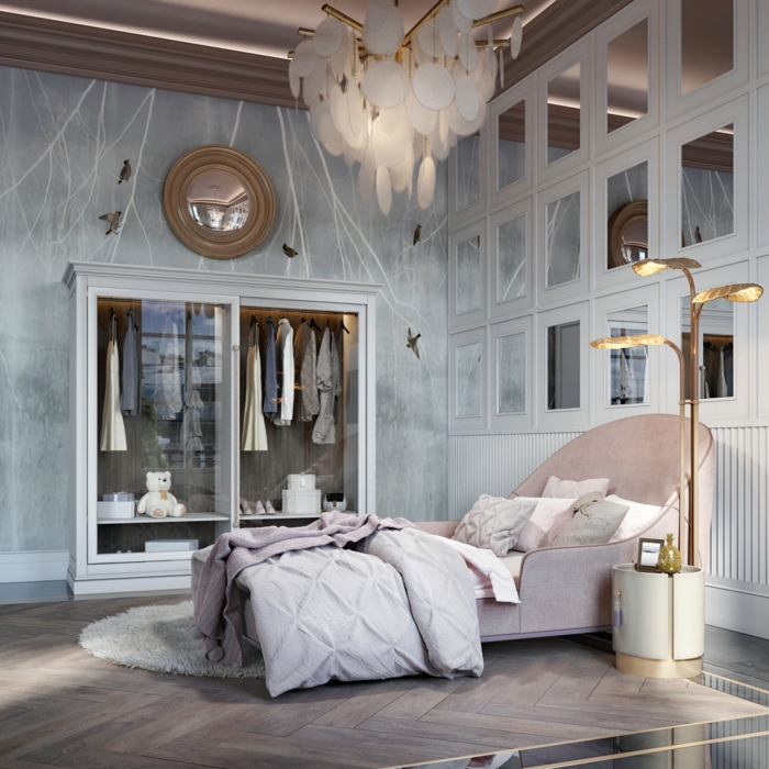moderne luxus jugendzimmer beleuchtung pinkes bett moderne möbel graue wand großer kleiderschrank 