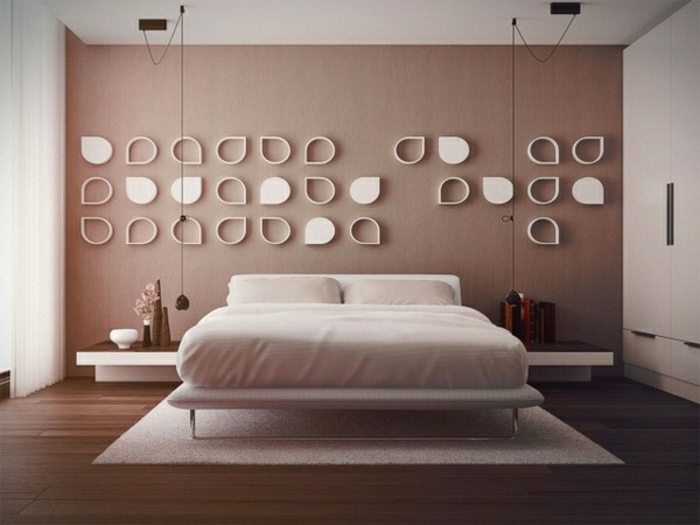 modernes-Schlafzimmer-Cappuccino-Wände-weiße-Deko-Elemente