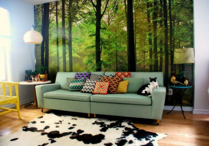 retro-wohnzimmer-fantastische-grüne-wandgestaltung