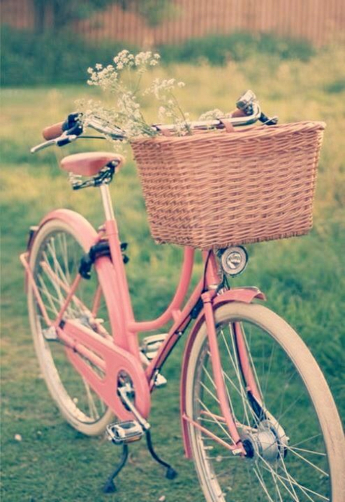 vintage-rosa-Fahrrad-Gras-Korb-Grün
