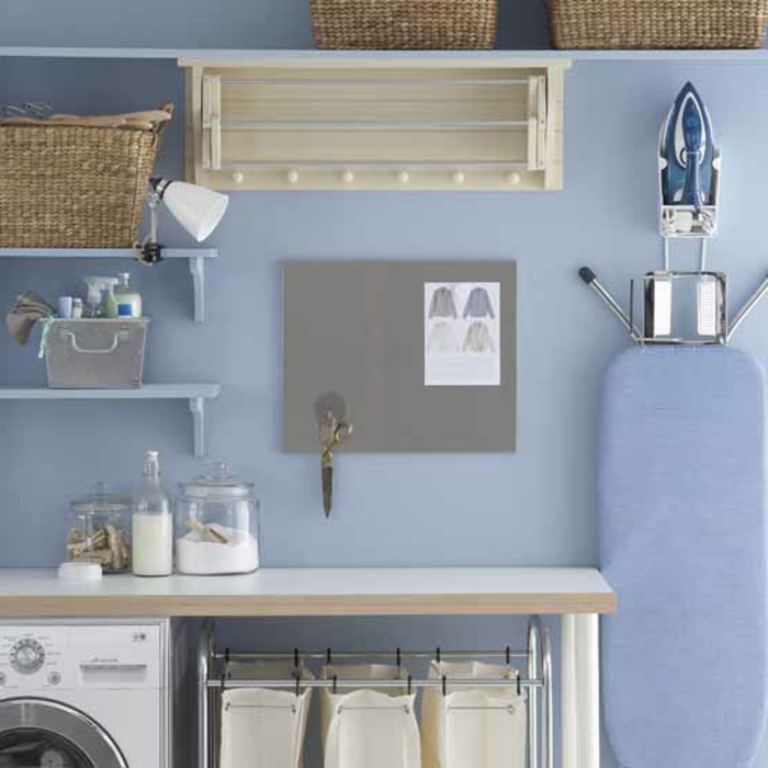 waschküche-einrichten-blaue-wand-und-weiße-möbel