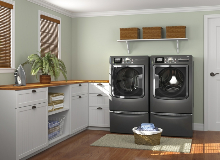 waschküche-einrichten-schwarze-waschmaschinen-weiße-schränke