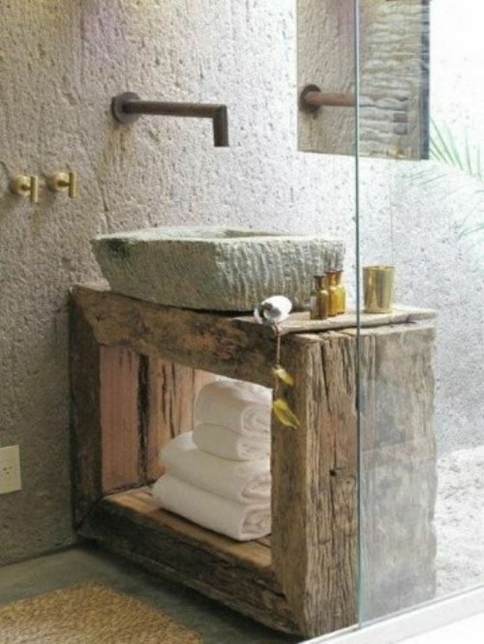 Badezimmer-Waschbecken-Stein-Tücher-rustikal